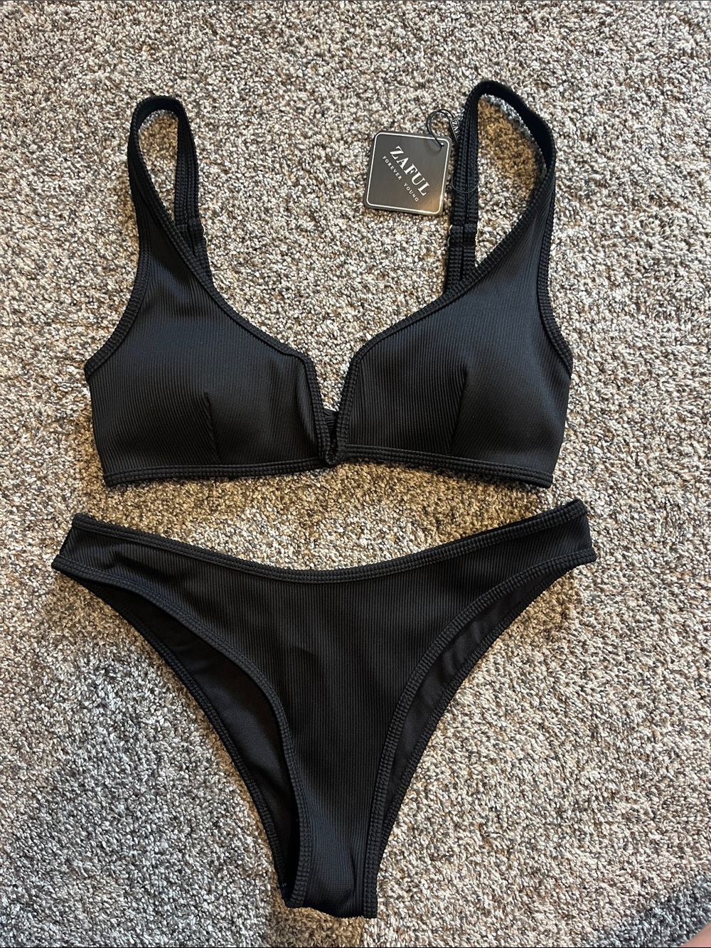 NEW! NEVER WORN Zaful Black Ribbed  Bikini Set